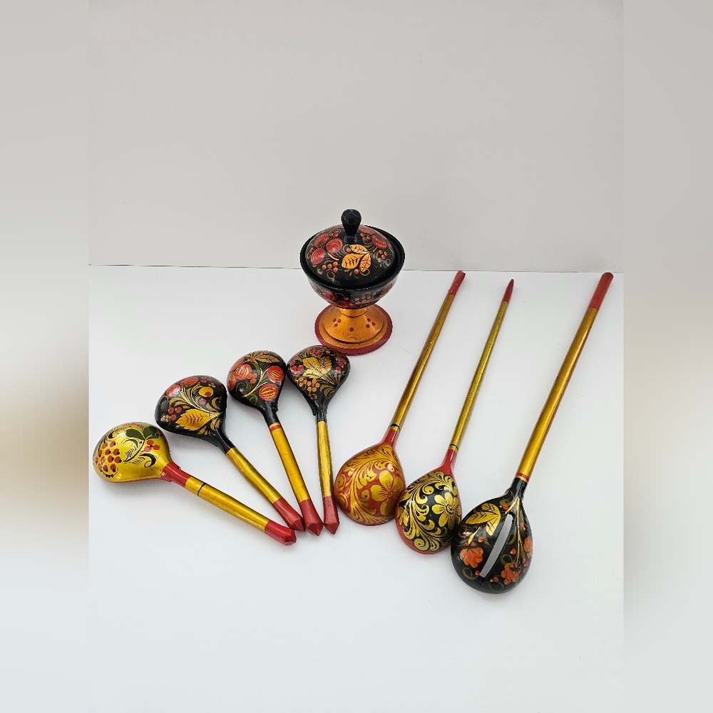 Vintage Russian Khokhloma Wood Set - Hand-Painted Lacquer Lidded Dish & 7 Spoons